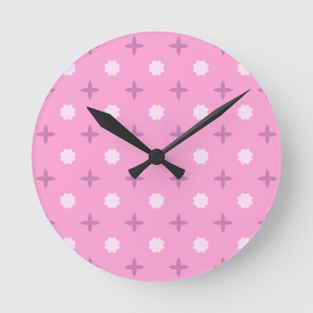 Pink Star Petal Dot Pattern Round Clock (Front)
