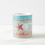 Pink Starfish Christmas Beach Saying Coffee Mug<br><div class="desc">Beach Christmas saying mug with pink starfish and white sand dollar. Beach scene with bright pink custom text. "Christmas is Merrier beside the sea" can easily be changed of deleted.</div>