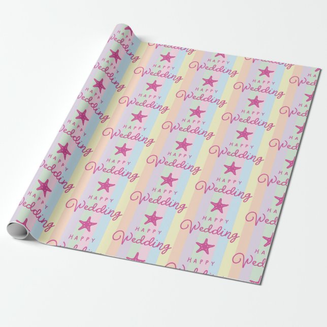 Pink Starfish Happy Wedding Colourful Striped Beac Wrapping Paper (Unrolled)