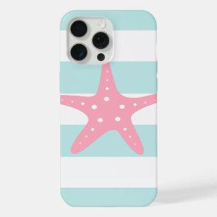 Pink Starfish on Mint Stripes iPhone 15 Pro Max Case