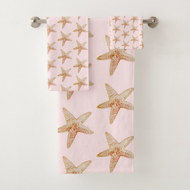Pink Starfish Painting Coastal Bath Towel Set (Insitu)
