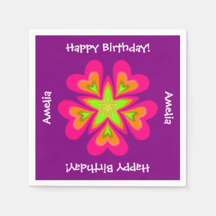 Pink StarFlower Happy Birthday Monogram Party Napkin