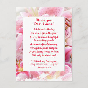Pink Stargazer Lilies Thank You Christian Friend Postcard
