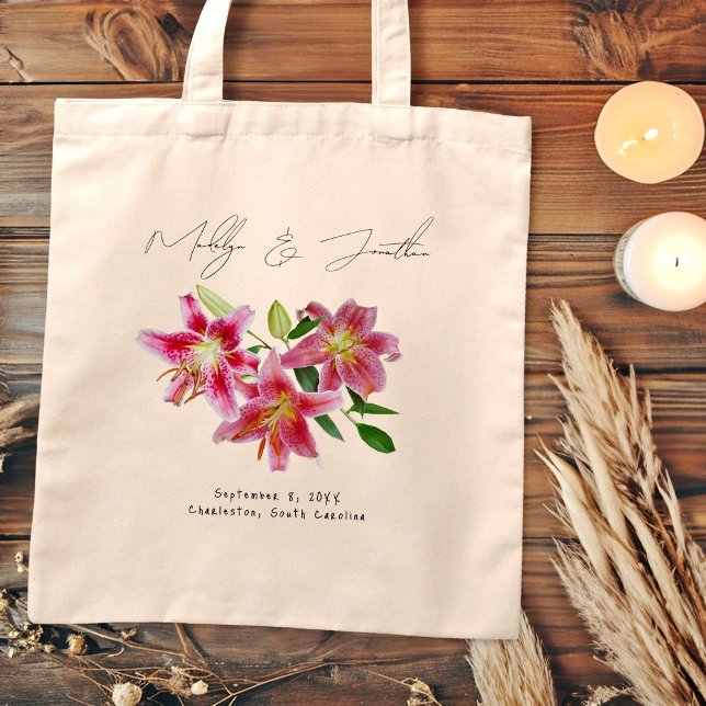 Pink Stargazer Lilies Wedding Welcome Tote Bag (Creator Uploaded)
