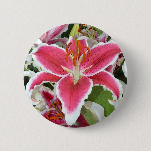 Pink stargazer lily flowers 2 inch round button (Front)