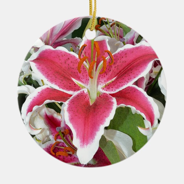 Pink stargazer lily flowers ceramic ornament (Front)