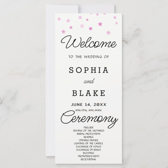 Pink Stars Celestial Off White Wedding Program (Front)