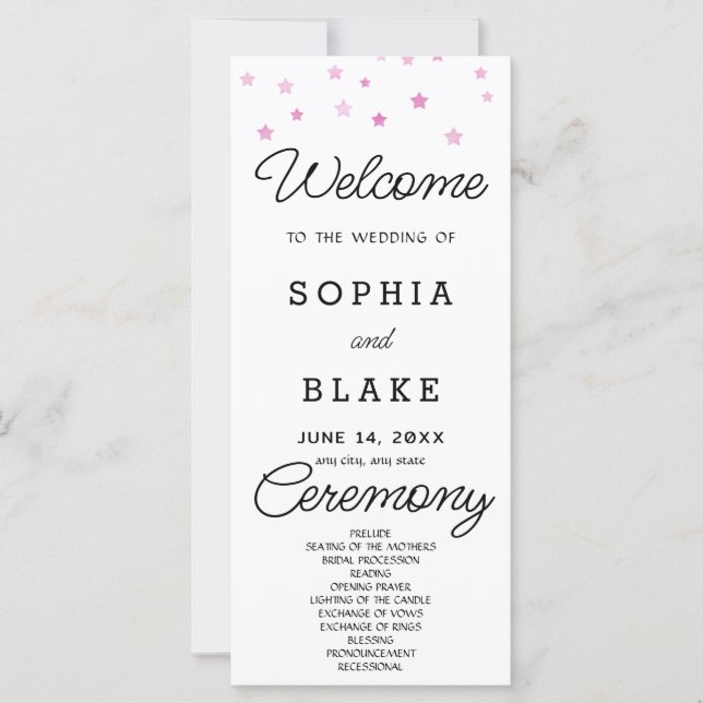 Pink Stars Celestial White Wedding Program (Front)