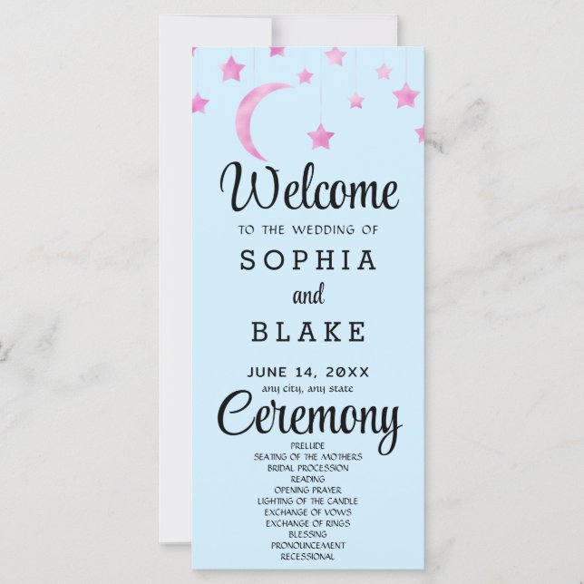 Pink Stars Crescent Moon Blue Wedding Program (Front)