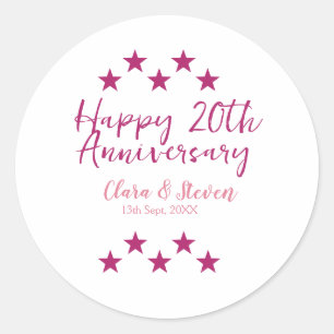 pink stars happy 20th anniversary wedding trendy b classic round sticker