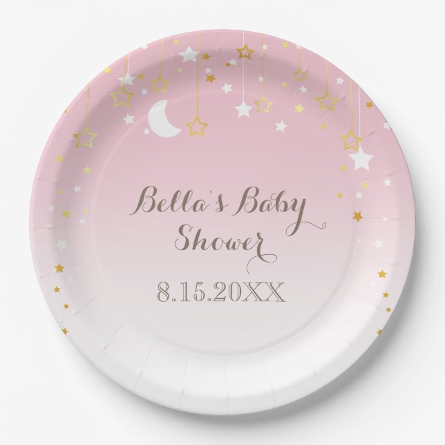 Pink Stars Moon Baby Shower Paper Plate (Front)