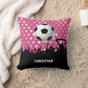 Pink Stars Soccer Ball and Fans Throw Pillow