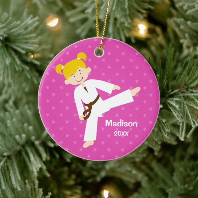 Pink Stars Taekwondo Blonde Girl Personalized Ceramic Ornament (Tree)