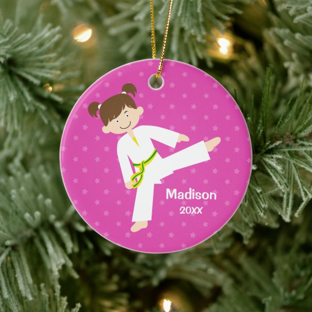 Pink Stars Taekwondo Karate Girl Personalized Ceramic Ornament (Tree)