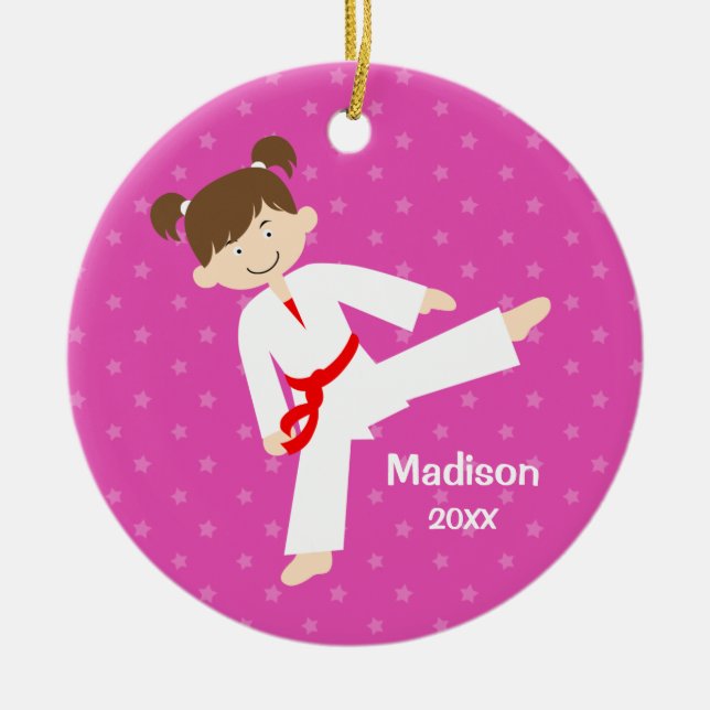 Pink Stars Taekwondo Karate Red Girl Personalized Ceramic Ornament (Front)