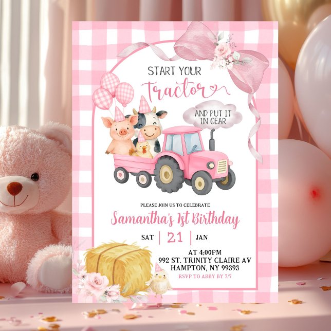 Pink Start Your Tractor Farm Animals Birthday Invitation (Creator Uploaded)