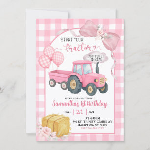 Pink Start Your Tractor Farm Theme Girl Birthday Invitation