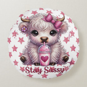 Pink, Stay Sassy, Highland Cows Round Pillow