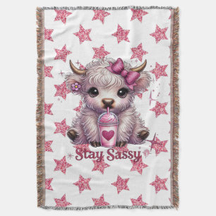 Pink, Stay Sassy, Highland Cows Throw Blanket