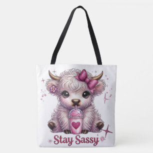 Pink, Stay Sassy, Highland Cows Tote Bag