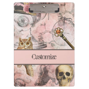Pink Steam Punk Retro Goth Owl Keys Clipboard