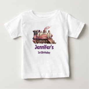 Pink Steam Train Vintage 1st Birthday Baby T-Shirt