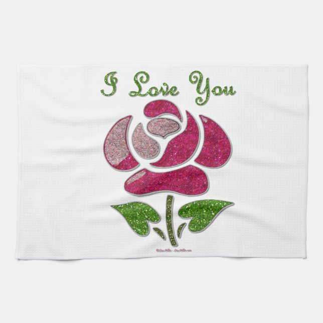 Pink Stencil Rose I Love You Kitchen Towel (Horizontal)