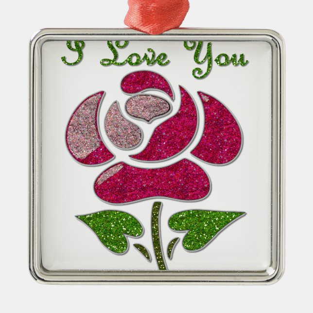 Pink Stencil Rose I Love You Metal Ornament (Front)