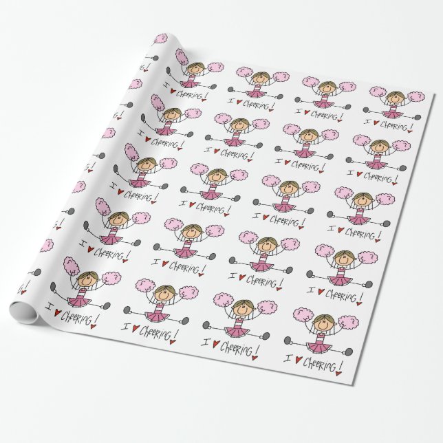 Pink Stick Figure Cheerleader Wrapping Paper (Unrolled)