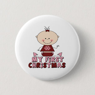 Pink Stick Figure Girl First Christmas 2 Inch Round Button