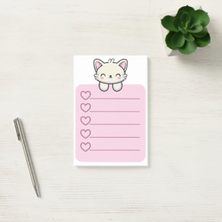 Pink Sticky Note with Cute Cat on Top