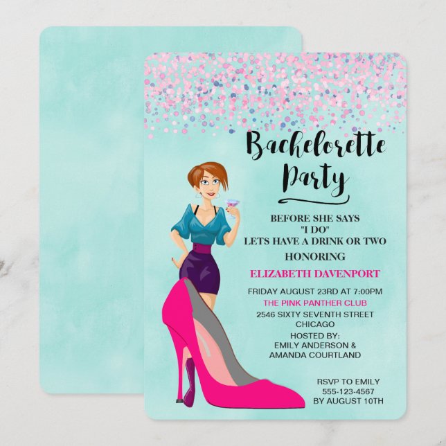 Pink Stiletto and Party Girl Bachelorette Invite (Front/Back)