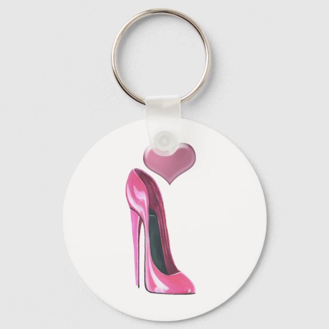 Pink stiletto high heel shoe and Heart Keychain (Front)