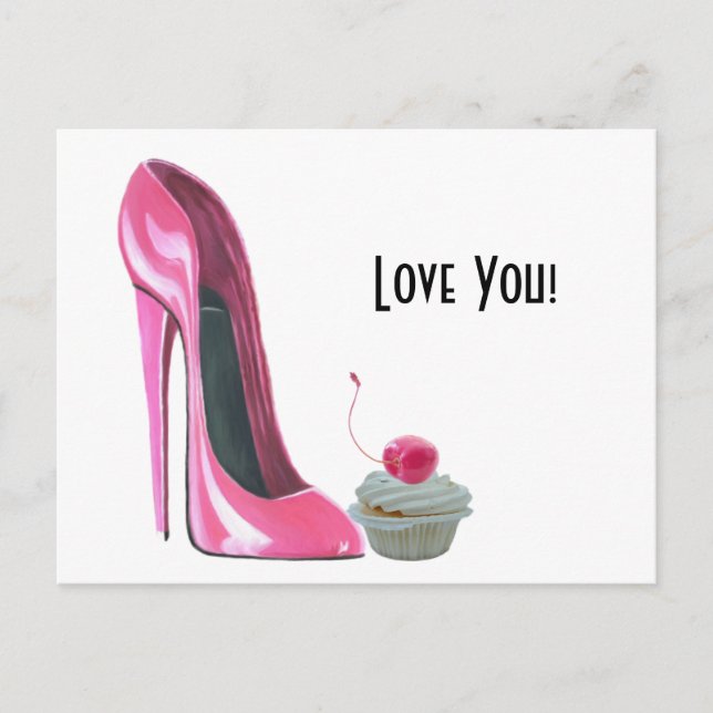 Pink Stiletto Shoe and Cherry Cupcake Postcard (Front)