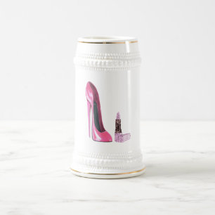 Pink Stiletto Shoe and Lipstick Art Beer Stein