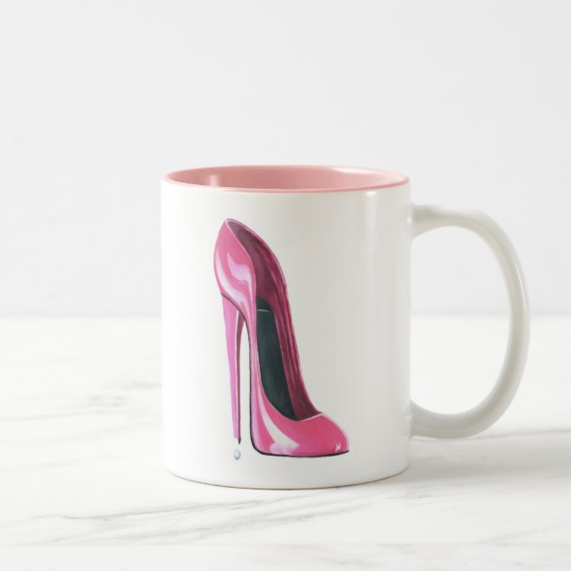 Pink Stiletto Shoe Art Two-Tone Coffee Mug (Right)