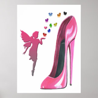 Pink Stiletto Shoe, Fairy and Hearts Poster