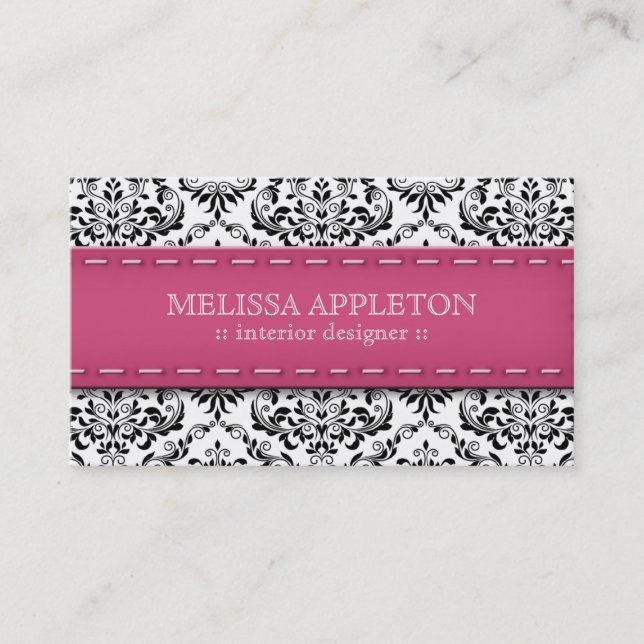 Pink Stitched Damask Interior Designer Business Card (Front)