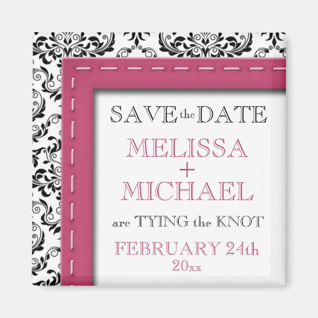 Pink Stitched Damask Save the Date Magnet (Front)