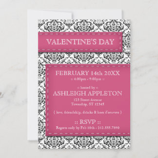 Pink Stitched Damask Valentine's Day Invitations