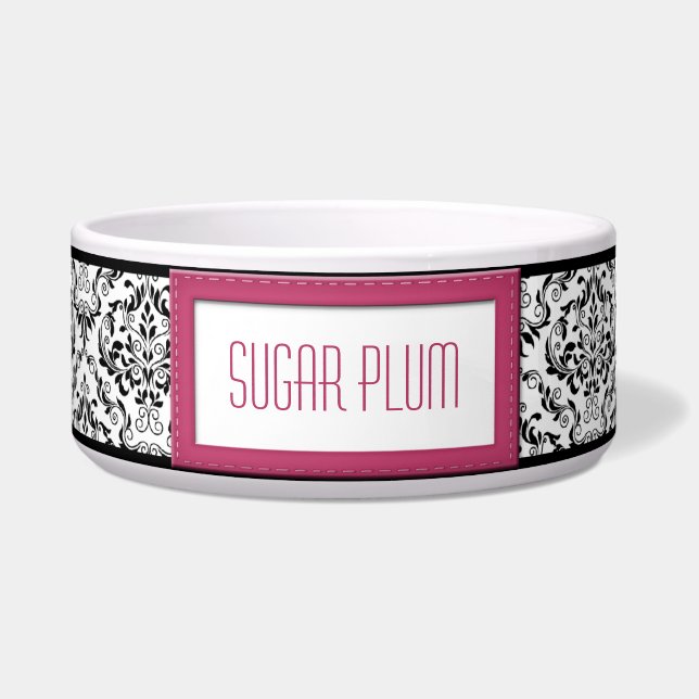 Pink Stitched Label Design Damask Dog Bowl (Front)