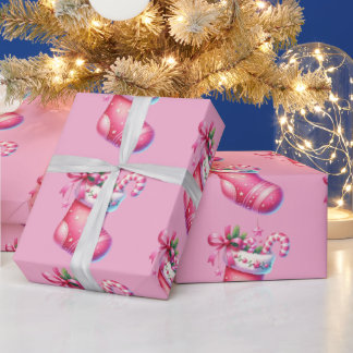 Pink Stocking Christmas Holiday Wrapping Paper
