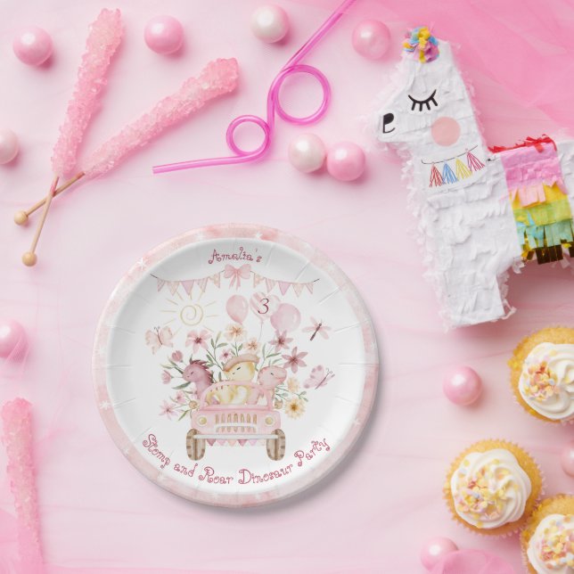 Pink Stomp and Roar Dinosaur Birthday Paper Plate (Party)