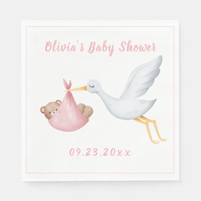 Pink Stork Baby Bear Girl Baby Shower Napkin (Front)