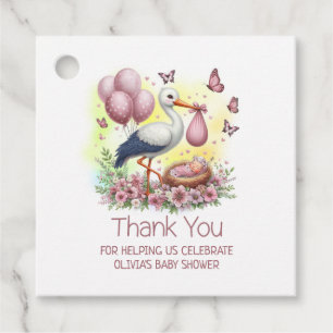 Pink Stork Baby Girl Baby Shower Thank You Favour Tags