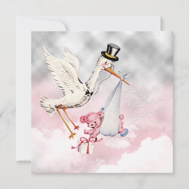 Pink Stork Baby Girl Shower Invitation (Front)
