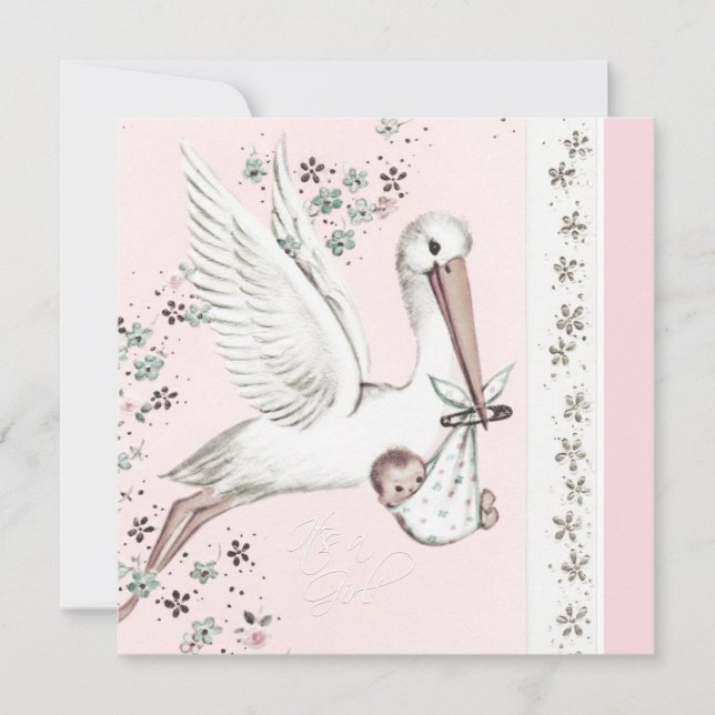 Pink Stork Baby Girl Shower Invitation (Front)