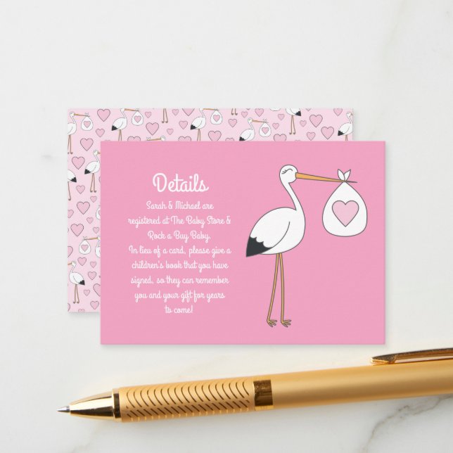 Pink Stork Baby Shower Enclosure Card (Front/Back In Situ)