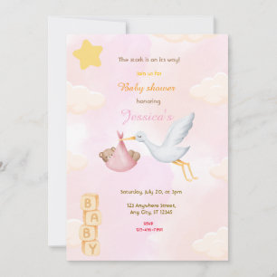 Pink Stork Baby Shower Invitation