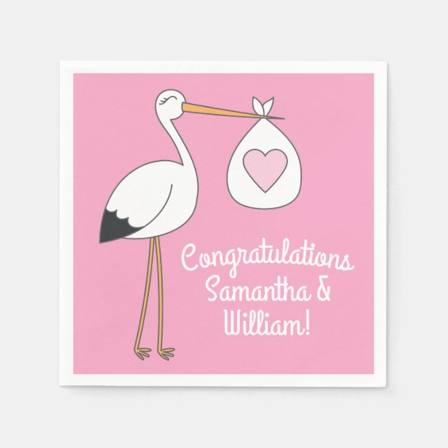 Pink Stork Baby Shower Napkin (Front)